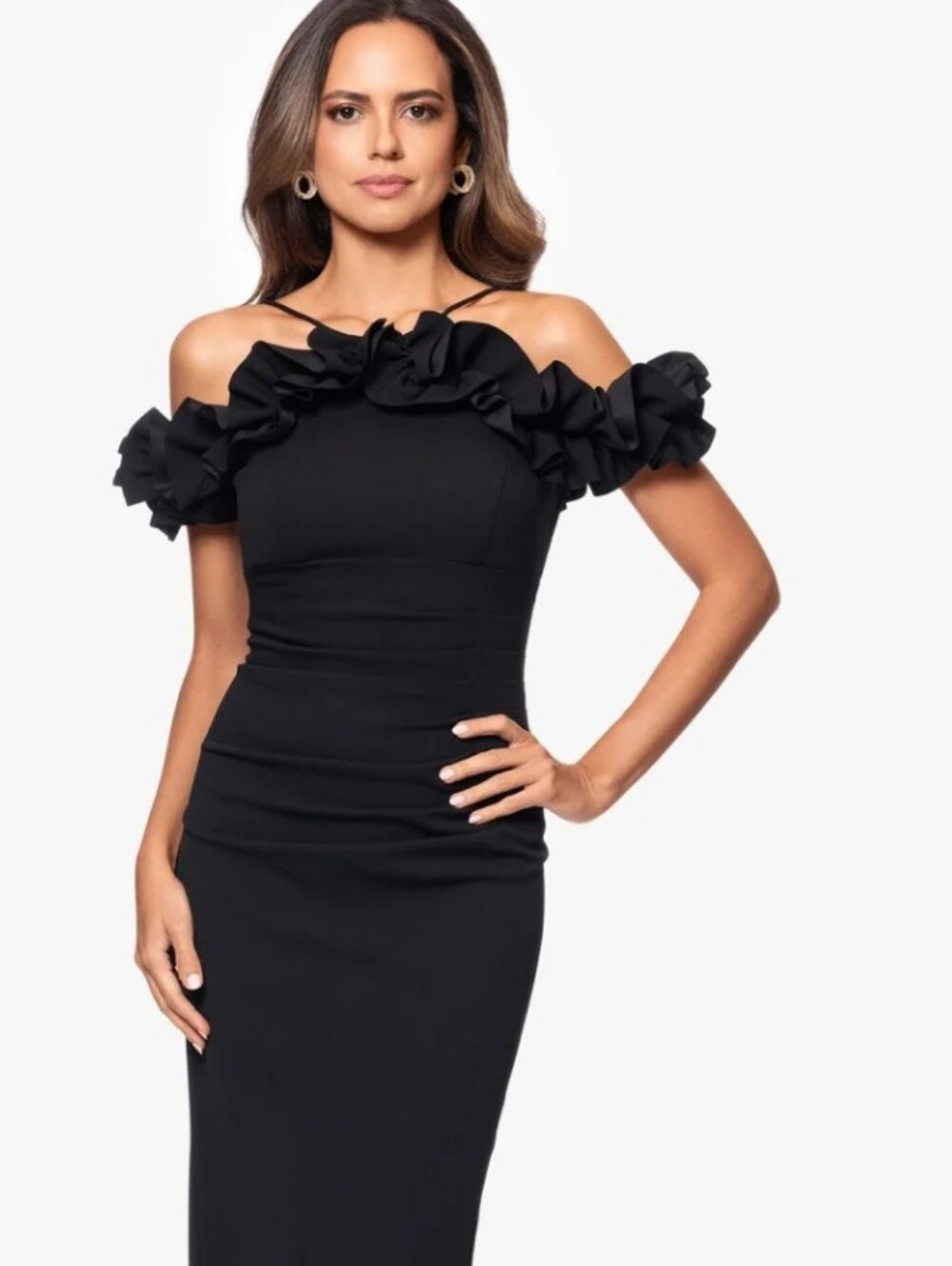 Xscape NWT Black Ruffle Strappy Ruched Cocktail Dress Size 8 $219